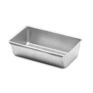 Alusteel broodblik diepgetrokken 23 centimeter lang, 13 centimeter breed, 6,5 centimeter hoog.