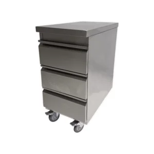 INOX tafel met 3 lades op wielen