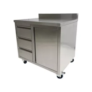 INOX tafel 3 lades + deur op wielen